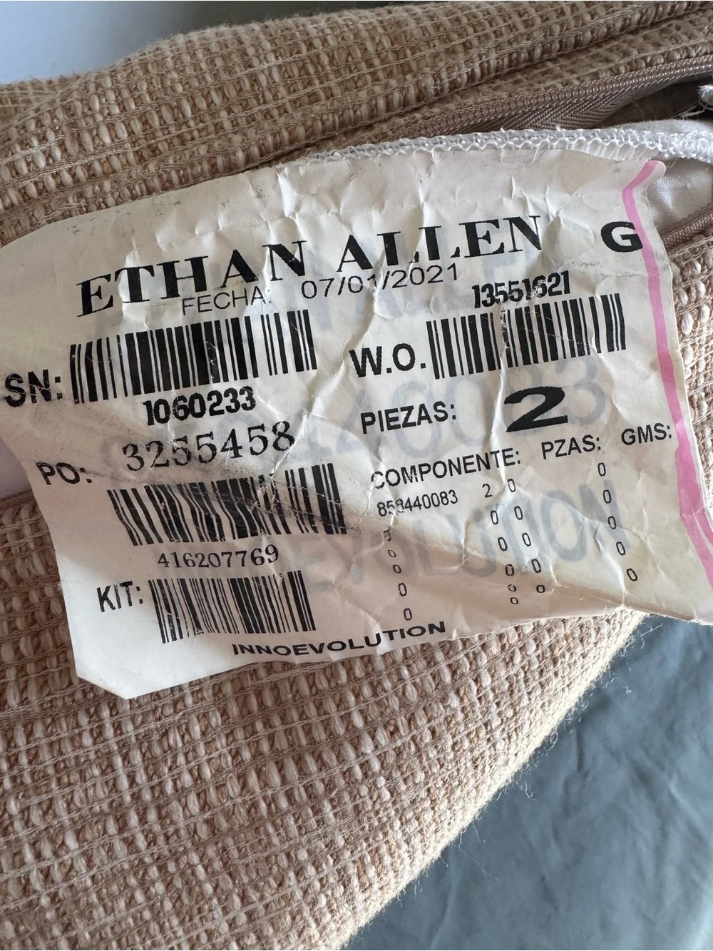 Ethan Allen Custom Throw Pillows Beige Textured Fabric, Set of Two Square
